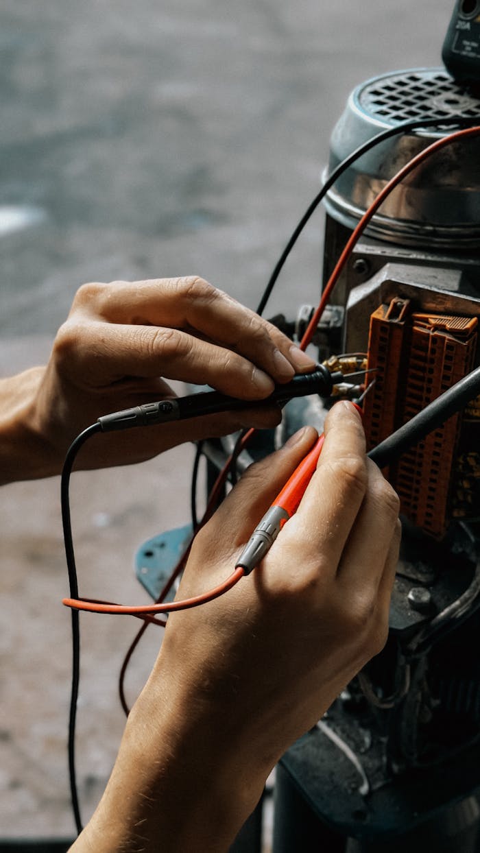 services-03 Close-up of hands using multimeter on motor wires. Precision in electrical testing.